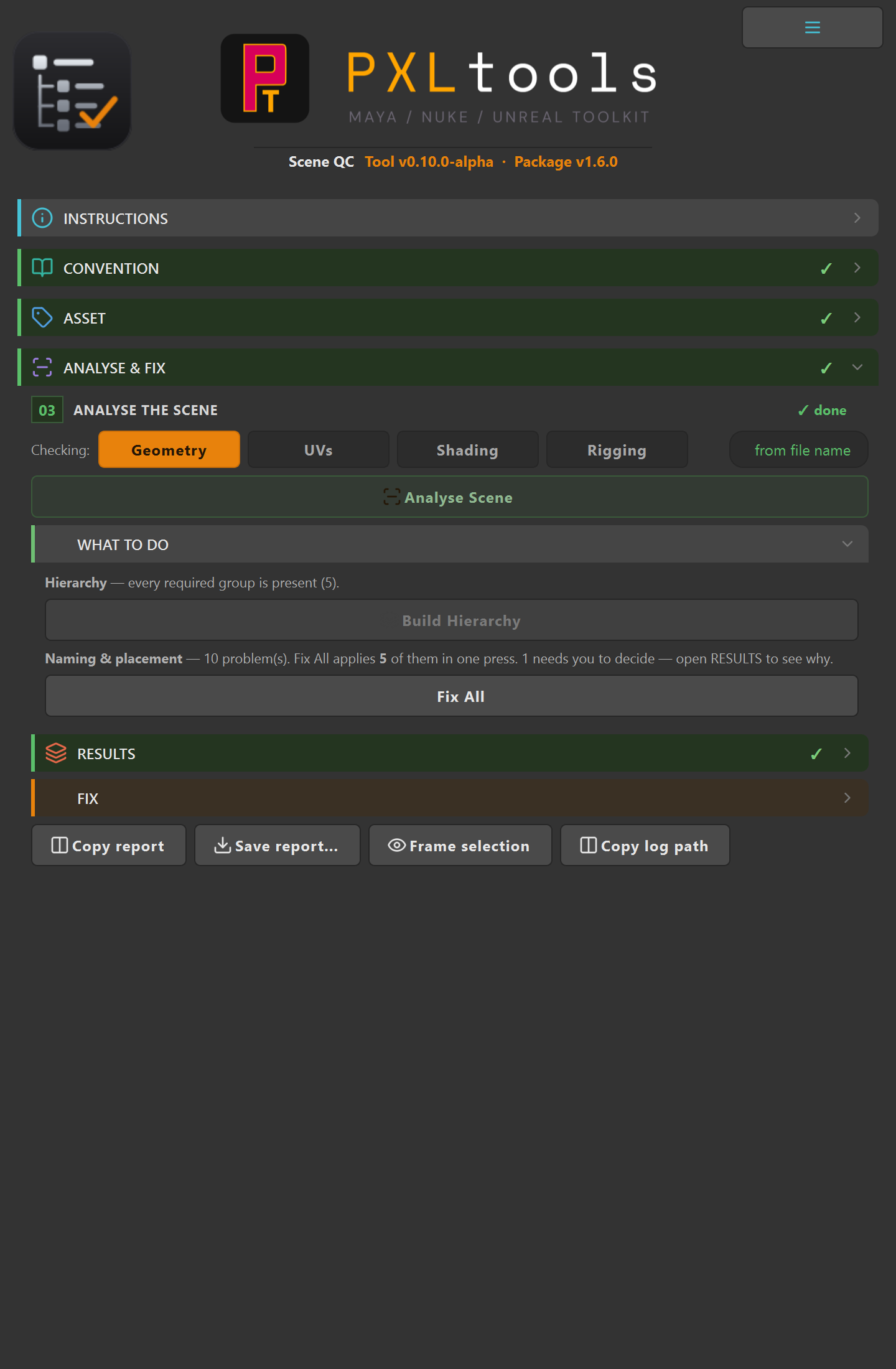 Scene QC panel in Maya showing Convention, Asset and Analyse and Fix sections complete, with a What To Do summary reading ten naming and placement problems and a Fix All button