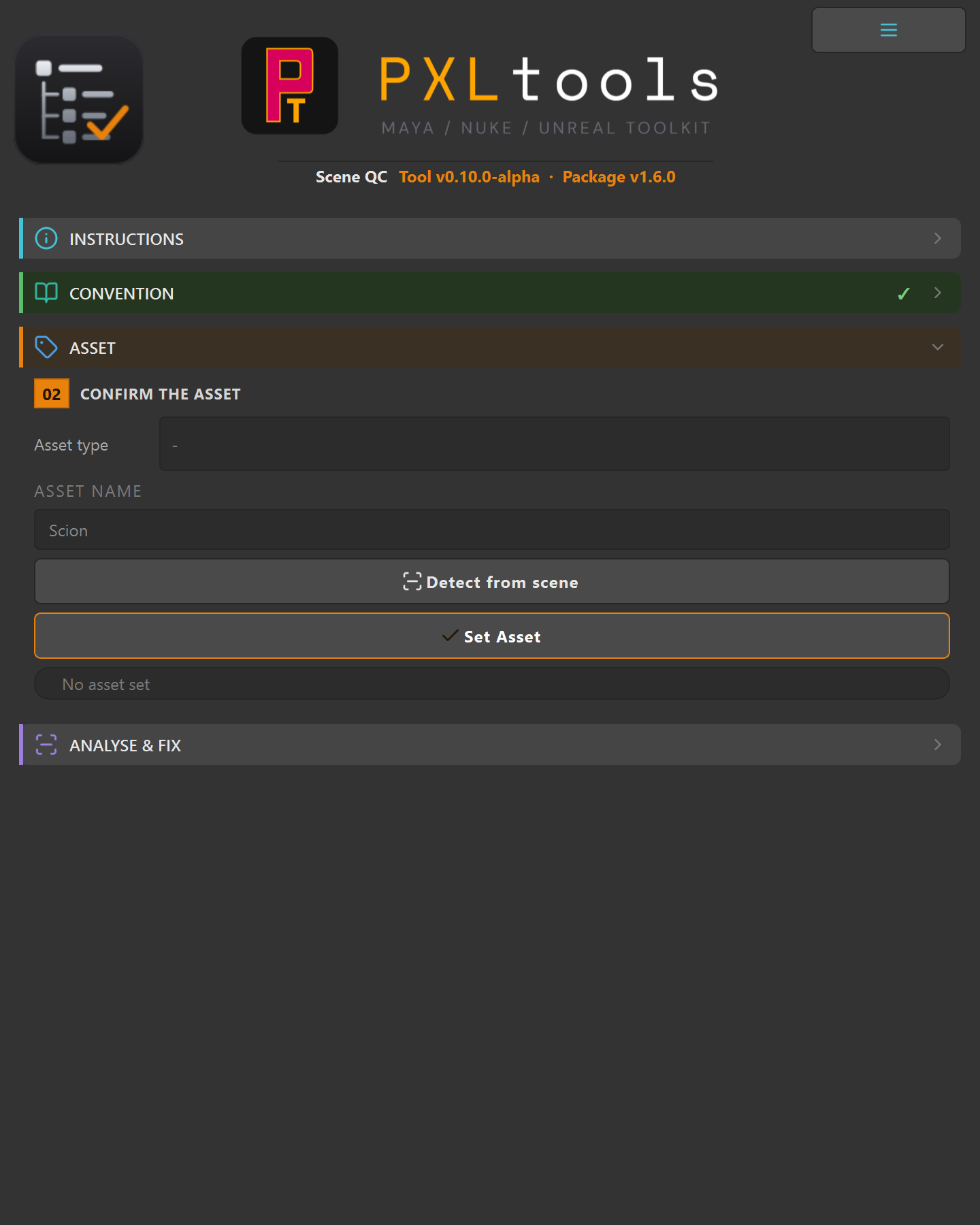 Scene QC at launch with the INSTRUCTIONS section open and Convention, Asset and Analyse and Fix below it