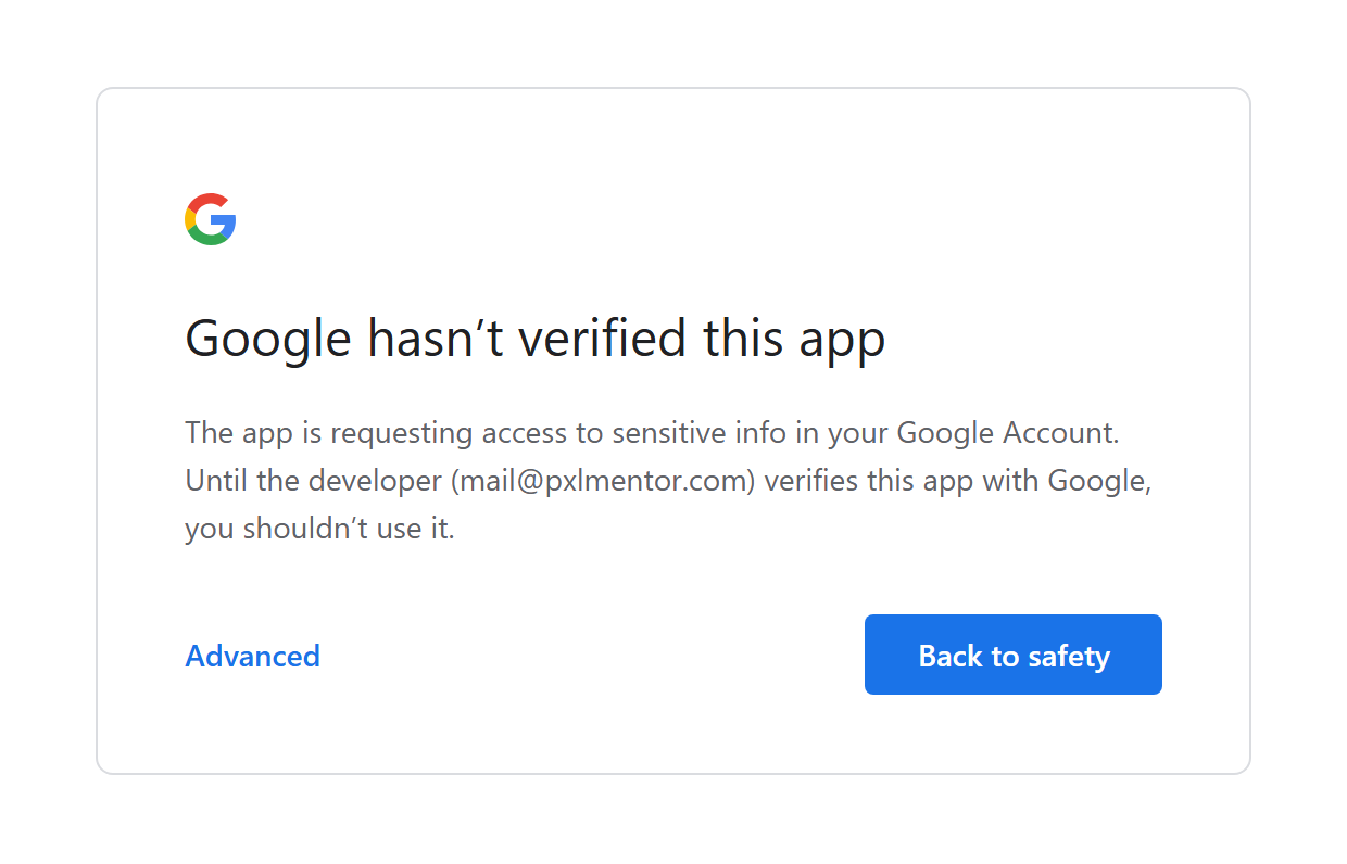 Google's warning on first sign-in, with Advanced and Back to safety
