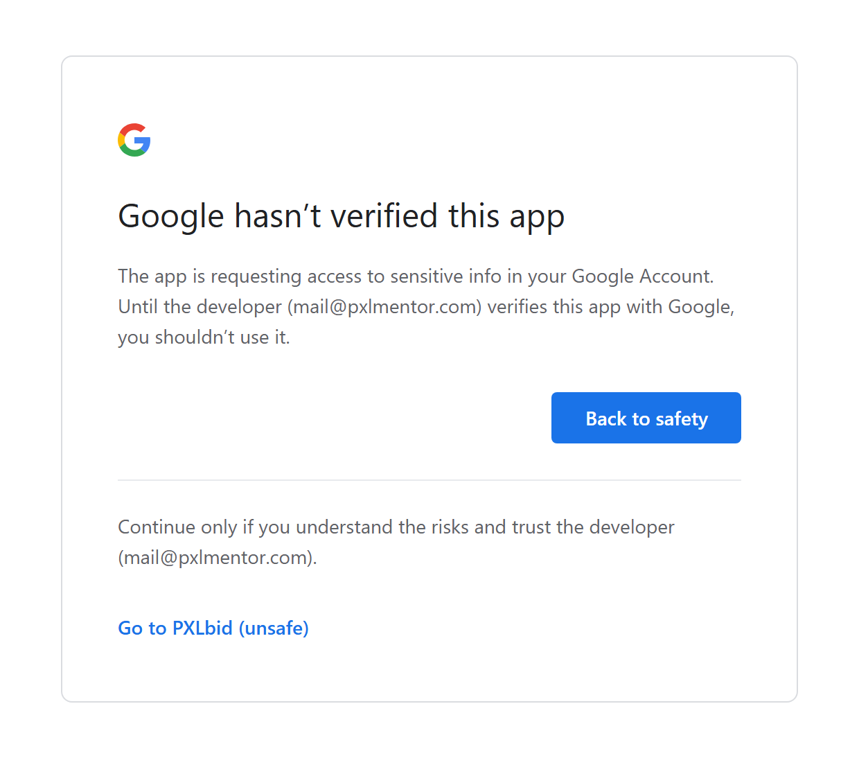 The same screen with Advanced expanded, showing the Go to PXLbid (unsafe) link